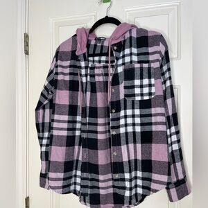 Plaid flannel hood button down shirt